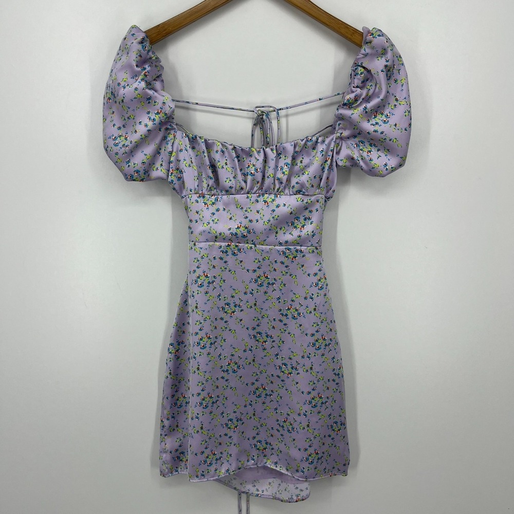 Zara Floral Lace Up Satin Mini Dress Women's Size XS Purple Short Length